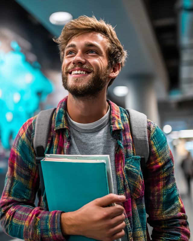 Estudante sorridente com pastas nas mãos e mochila, diante de um mapa-múndi colorido