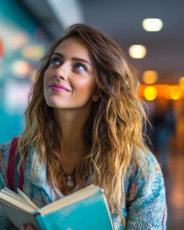 Estudante olhando para o alto com um livro nas mãos, diante de um mapa-múndi colorido