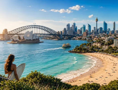 Paisagem editorial da Austrália com Sydney, Harbour Bridge e praia