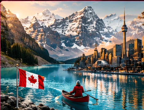 Paisagem editorial do Canadá com lago turquesa, montanhas e viajante