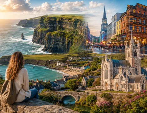 Paisagem editorial da Irlanda com falésias, litoral e cidade histórica
