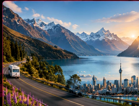 Paisagem editorial da Nova Zelândia com montanhas, lago e natureza