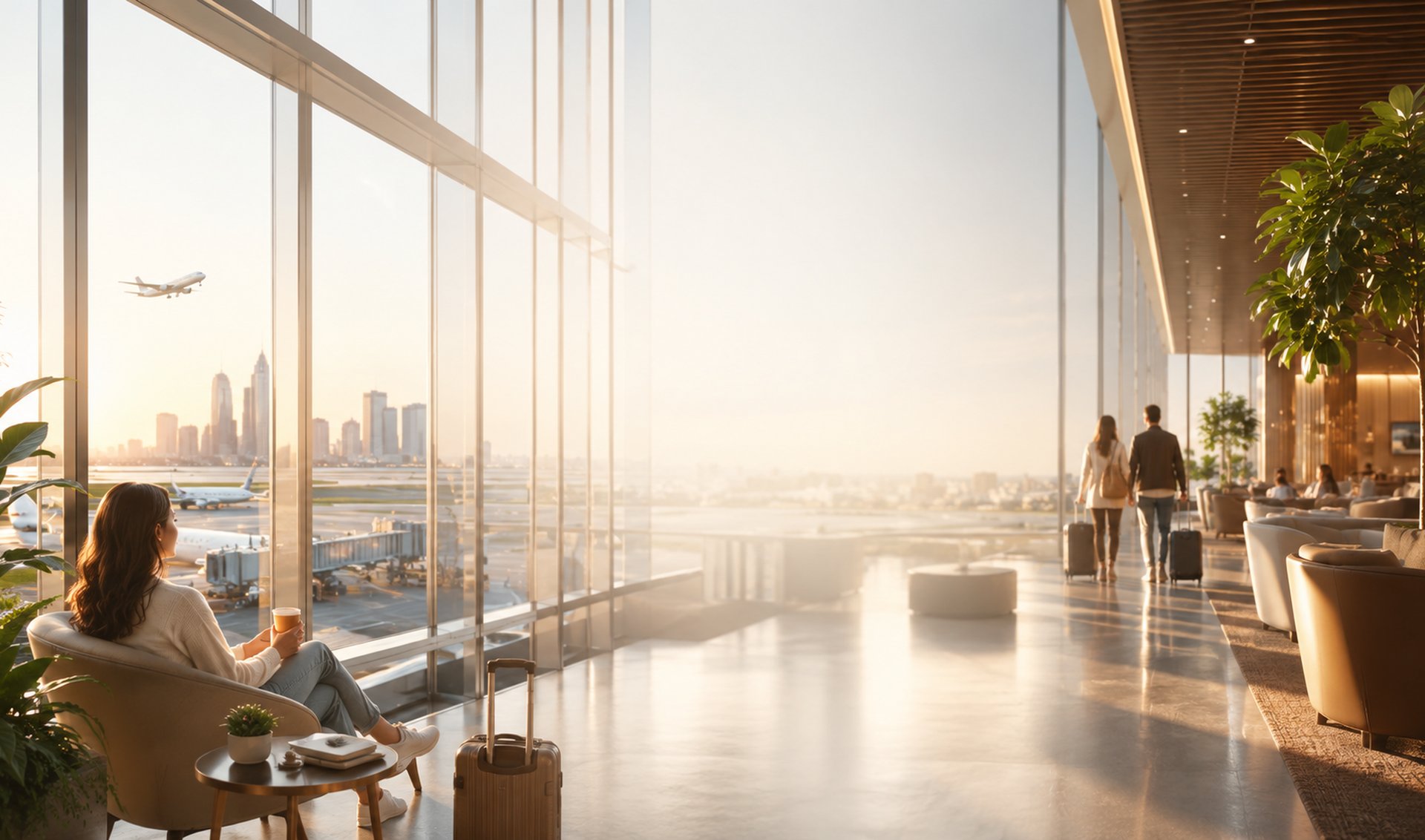 Jovem observando avião decolar em lounge de aeroporto ao entardecer