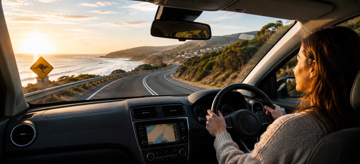 Vista de dentro do carro de quem dirige na Austrália, com o volante à direita, uma estrada costeira ao pôr do sol e uma placa de canguru na beira da pista