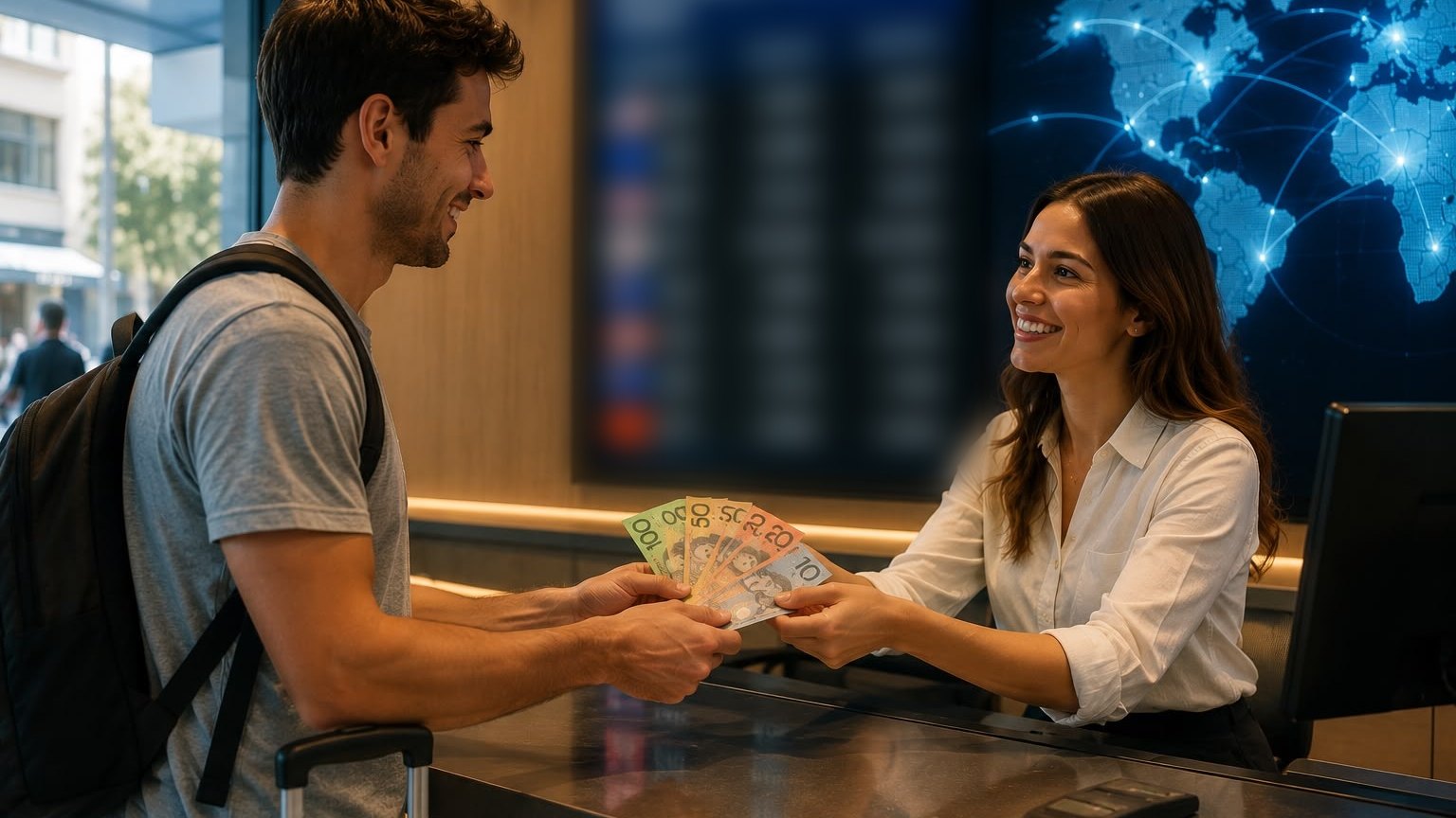 Estudante com mochila e mala recebe notas de dólar australiano das mãos de uma atendente no balcão de uma casa de câmbio
