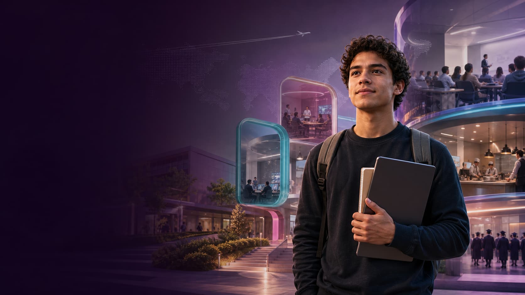 Estudante com mochila e notebook diante de um campus internacional, com salas de aula, uma cozinha profissional e formandos ao fundo