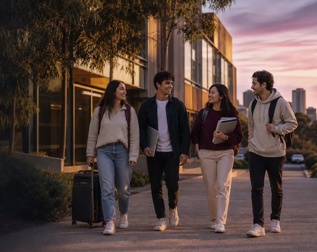 Grupo de jovens universitários chegando a um campus internacional com mochilas, livros e mala