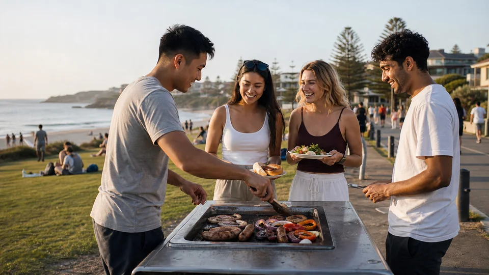 Ilustração de amigos preparando um churrasco em um parque à beira-mar na Austrália