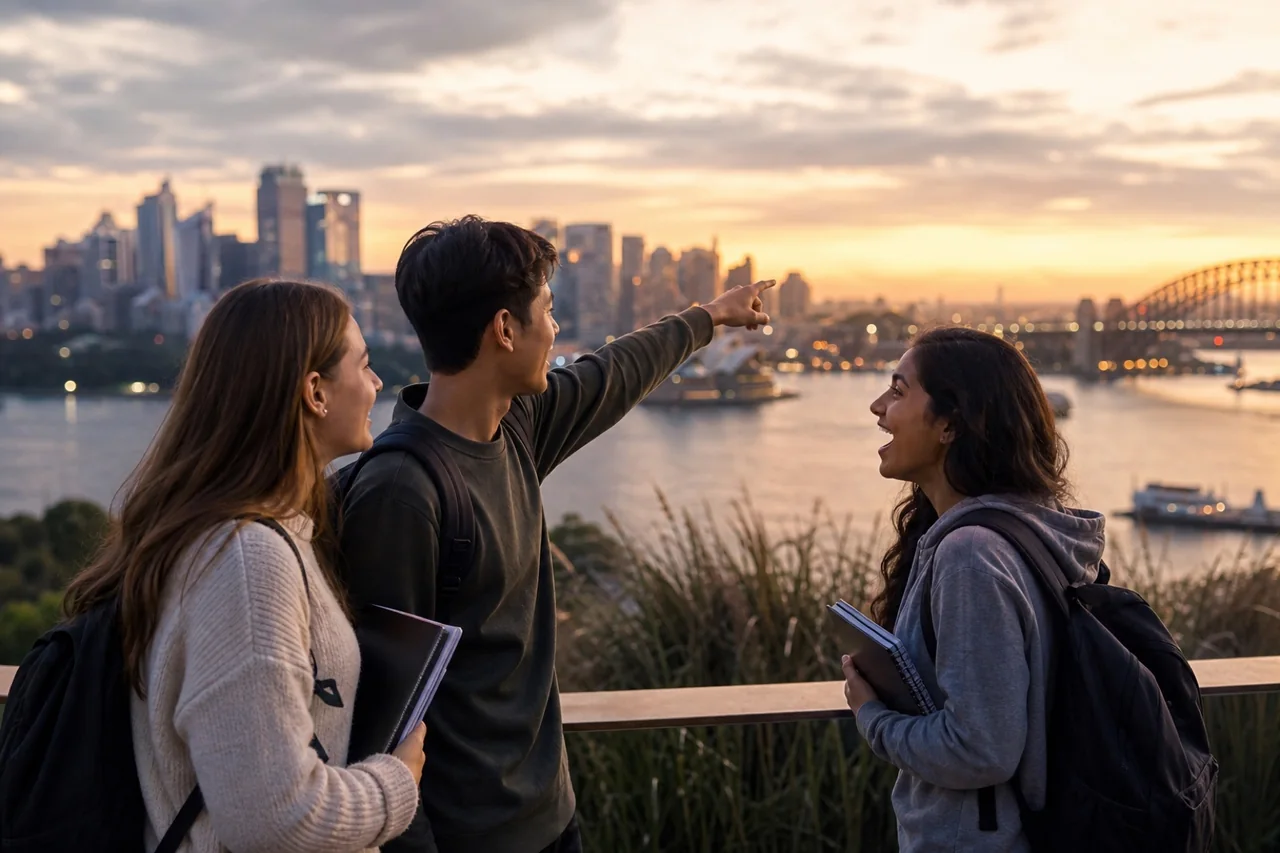 Ilustração de adolescentes olhando o Sydney Harbour no fim de um dia de estudos
