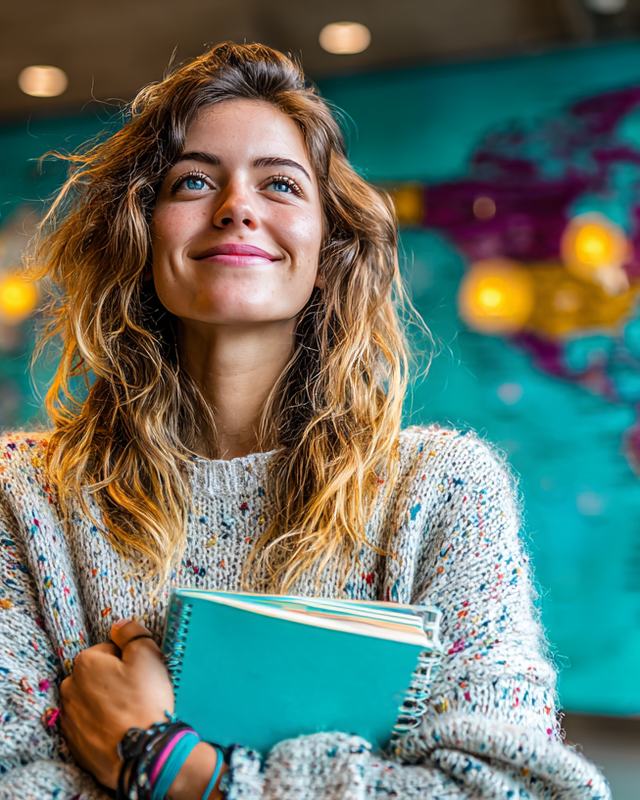 Estudante sorridente abraçando um caderno, com um mapa-múndi colorido ao fundo