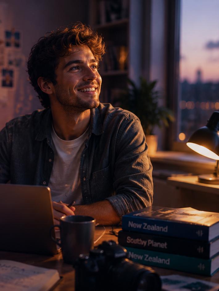 Estudante sorridente à escrivaninha com laptop e guias da Nova Zelândia, ao anoitecer