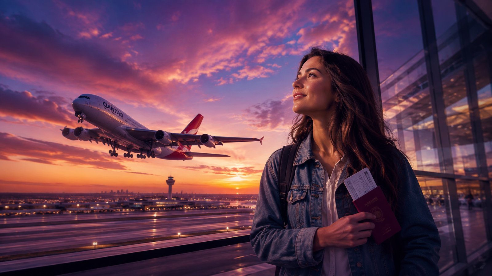 Estudante com passaporte e cartão de embarque na mão observando um A380 decolar ao pôr do sol, olhando na direção do painel de partidas