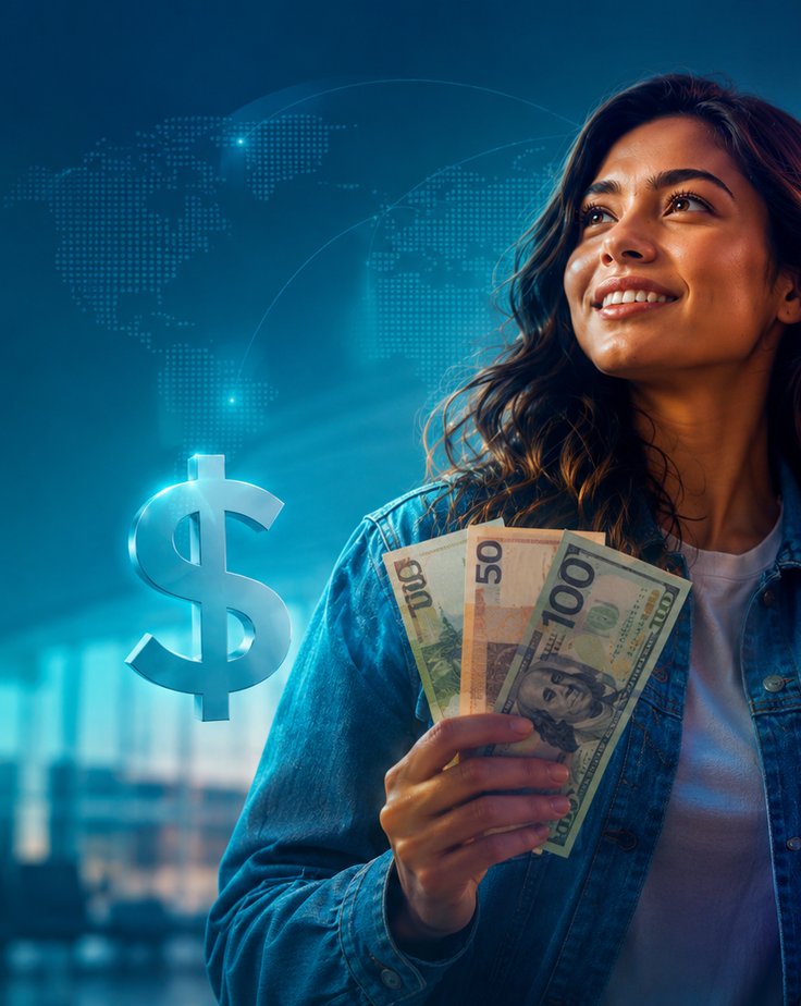 Jovem sorrindo segurando notas de dólar ao lado de símbolo de moeda