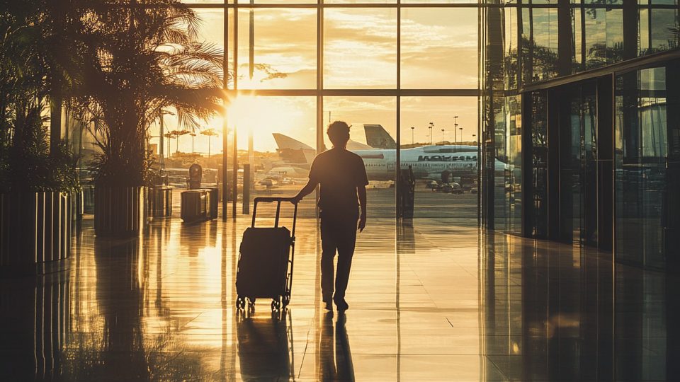 Estudante caminhando com a mala pelo saguão do aeroporto ao pôr do sol