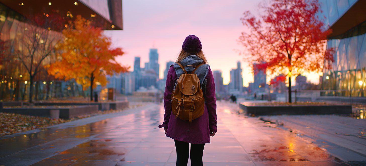 Estudante de mochila diante do horizonte de uma cidade grande no fim da tarde, no primeiro dia no destino
